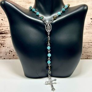 Handmade Rosary Necklace with Blue Jade & Crystal Quartz!